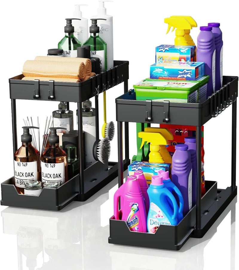 artzon 2 Pack black Under Sink Organizers and Storage, 2-Tier Sliding Cabinet Basket Organizer with Hooks, Multi-Purpose Under Sink Organizers and Storage for Bathroom Kitchen - Image 1